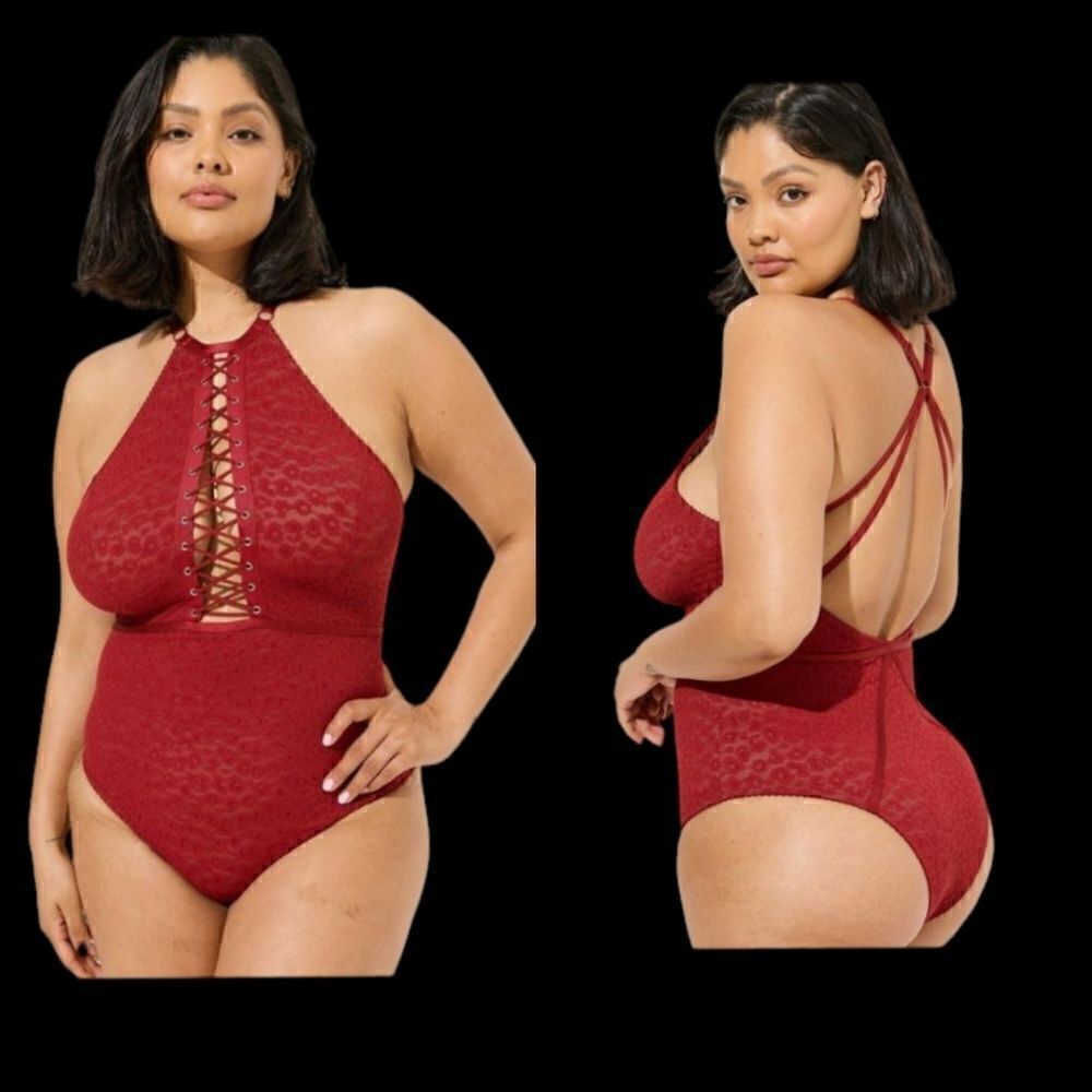 4X 26W Torrid Red Animal Print Halter Bodysuit Sheer Lingerie Lace Up Adjustable